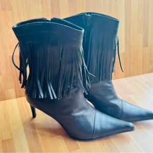 Mariano Renzi black fringe pointy toe booties stiletto size 39